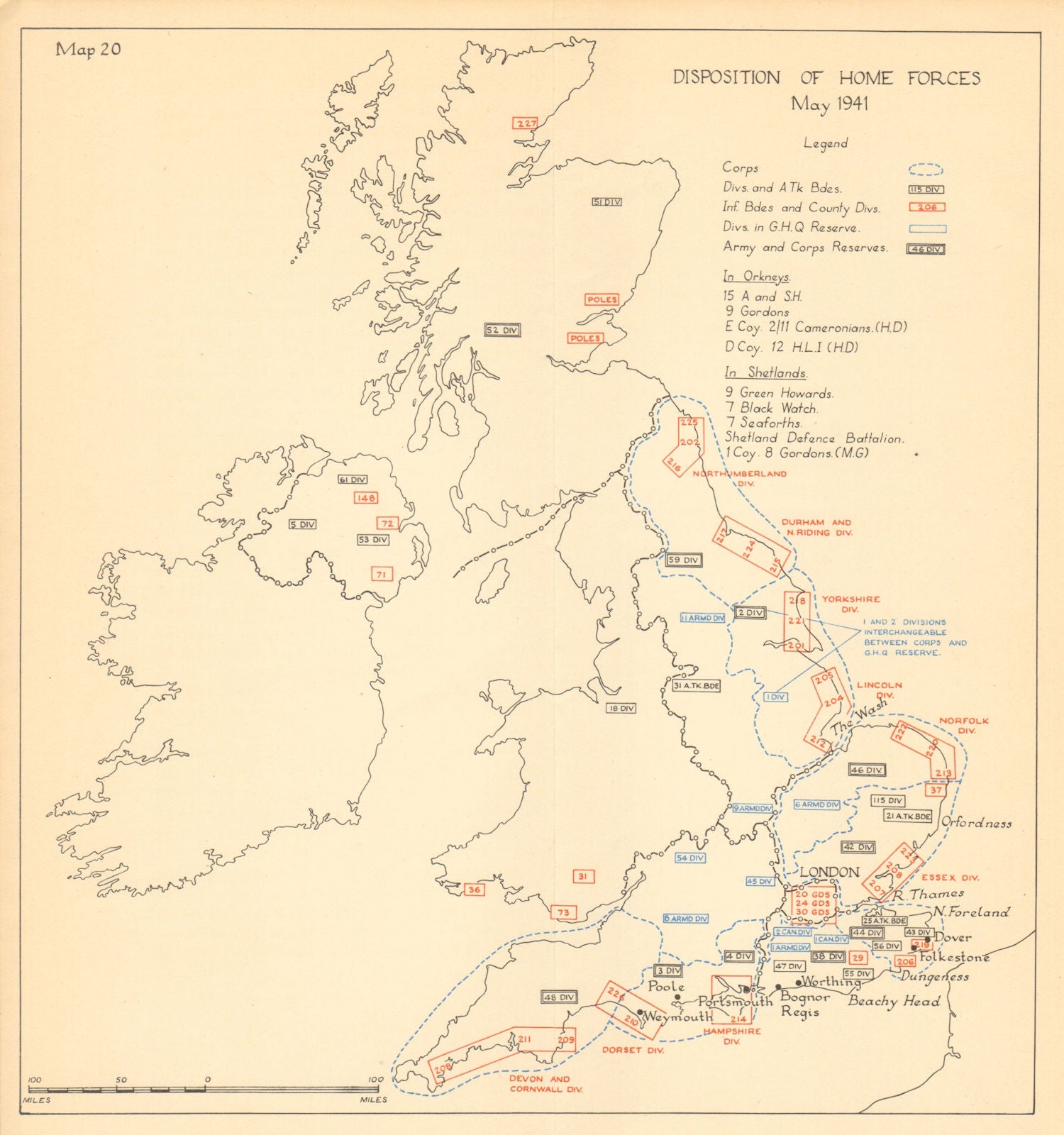 UK Home Forces disposition May 1941. Defence. Sealion. World War 2 1957 map